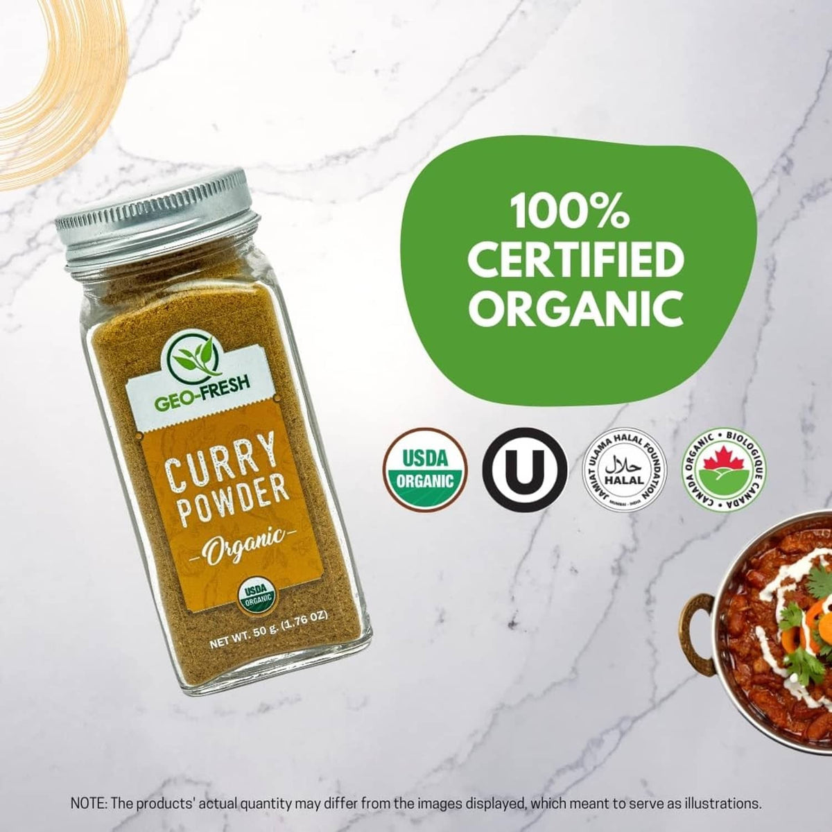 Organic curry powder jar with USDA Organic seal and small bowl of prepared curry
