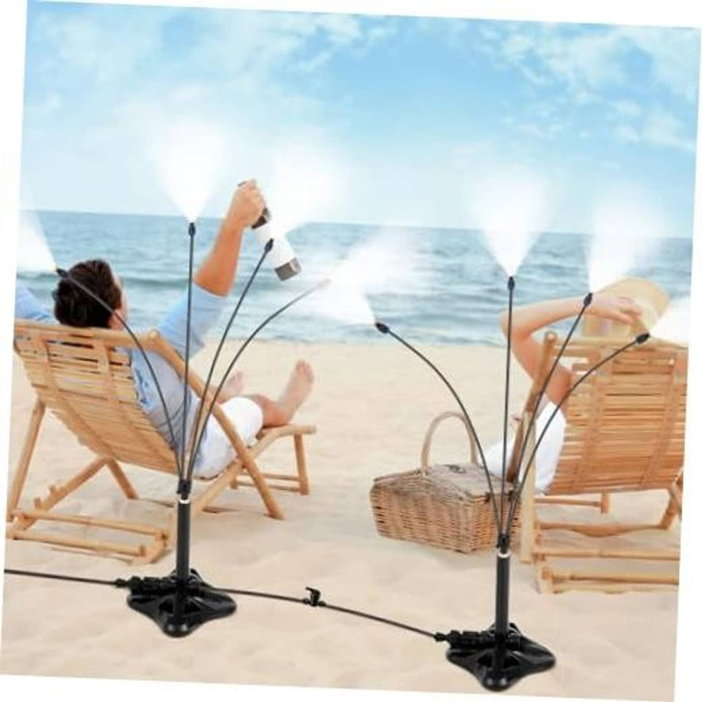 Portable patio misting system with two standing misting towers and flexible tubing