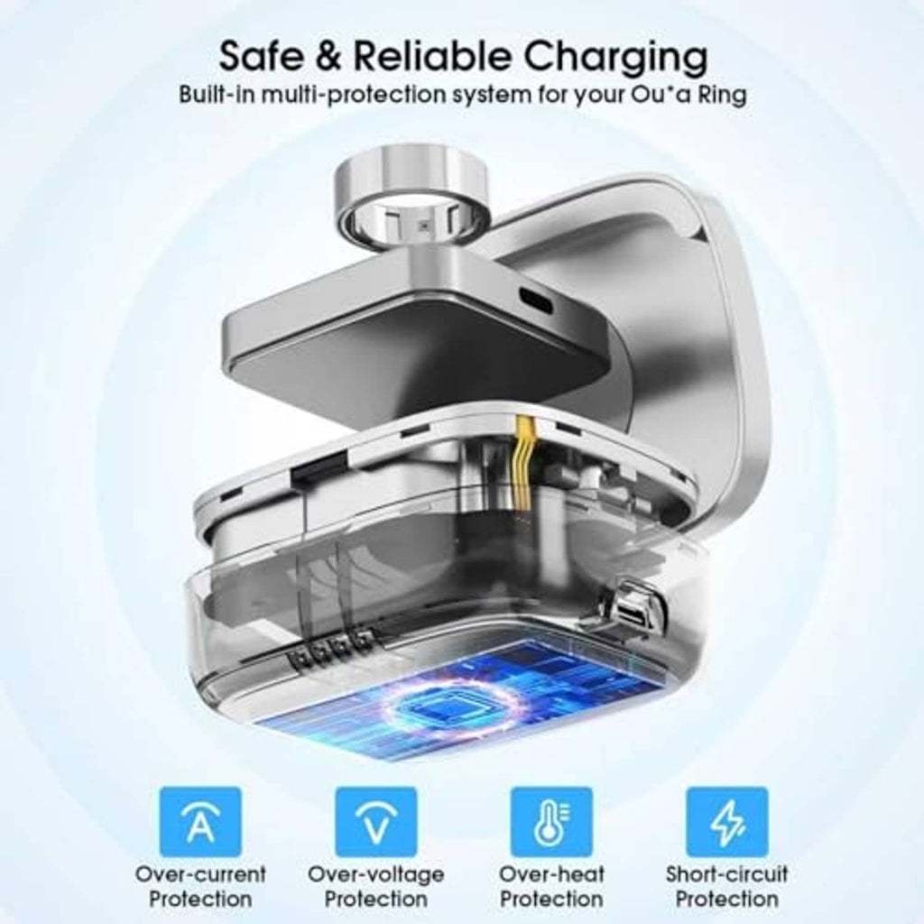 Gray Oura Ring charging case open to reveal inner charging components