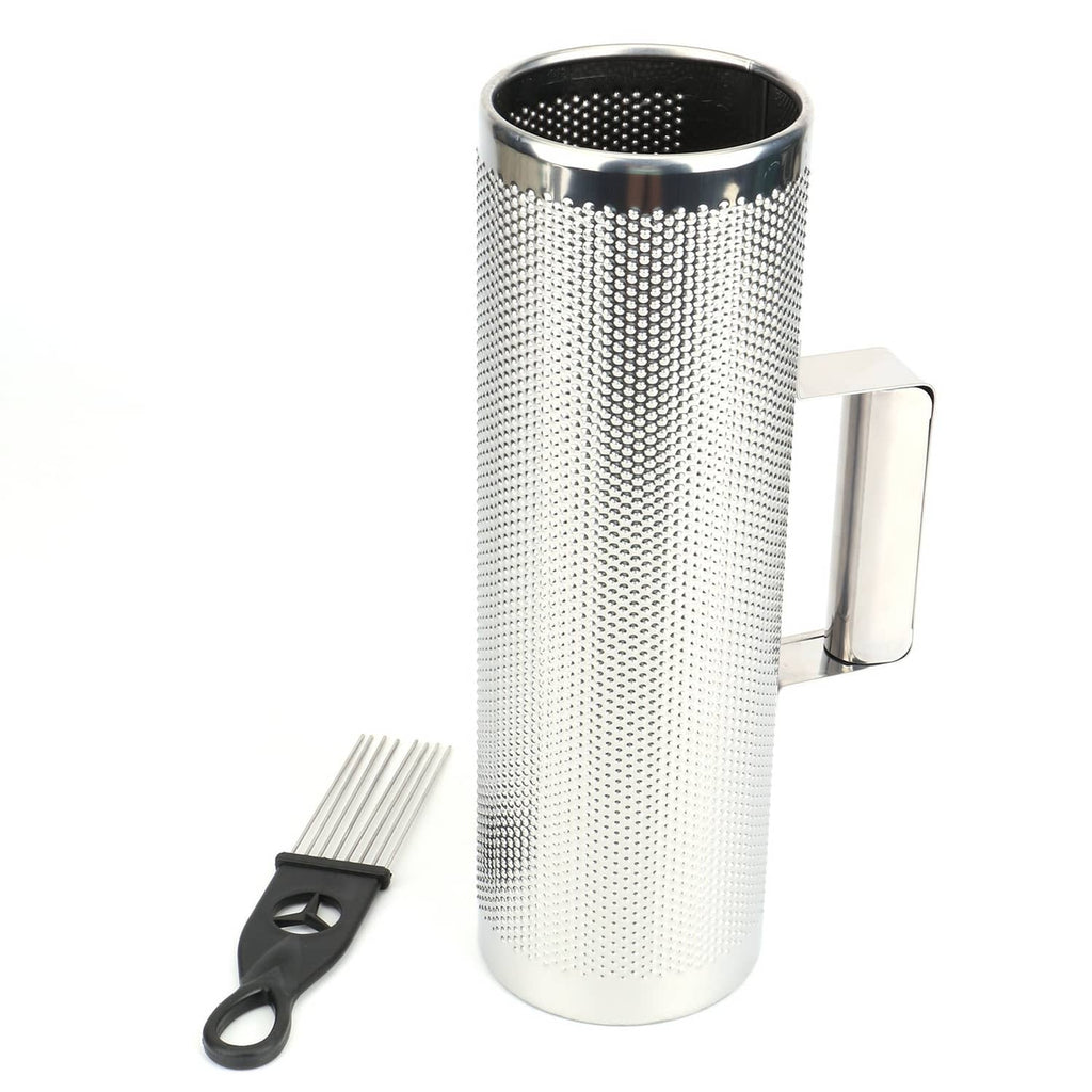 Metal guiro with perforated cylinder and black-silver scraper handle