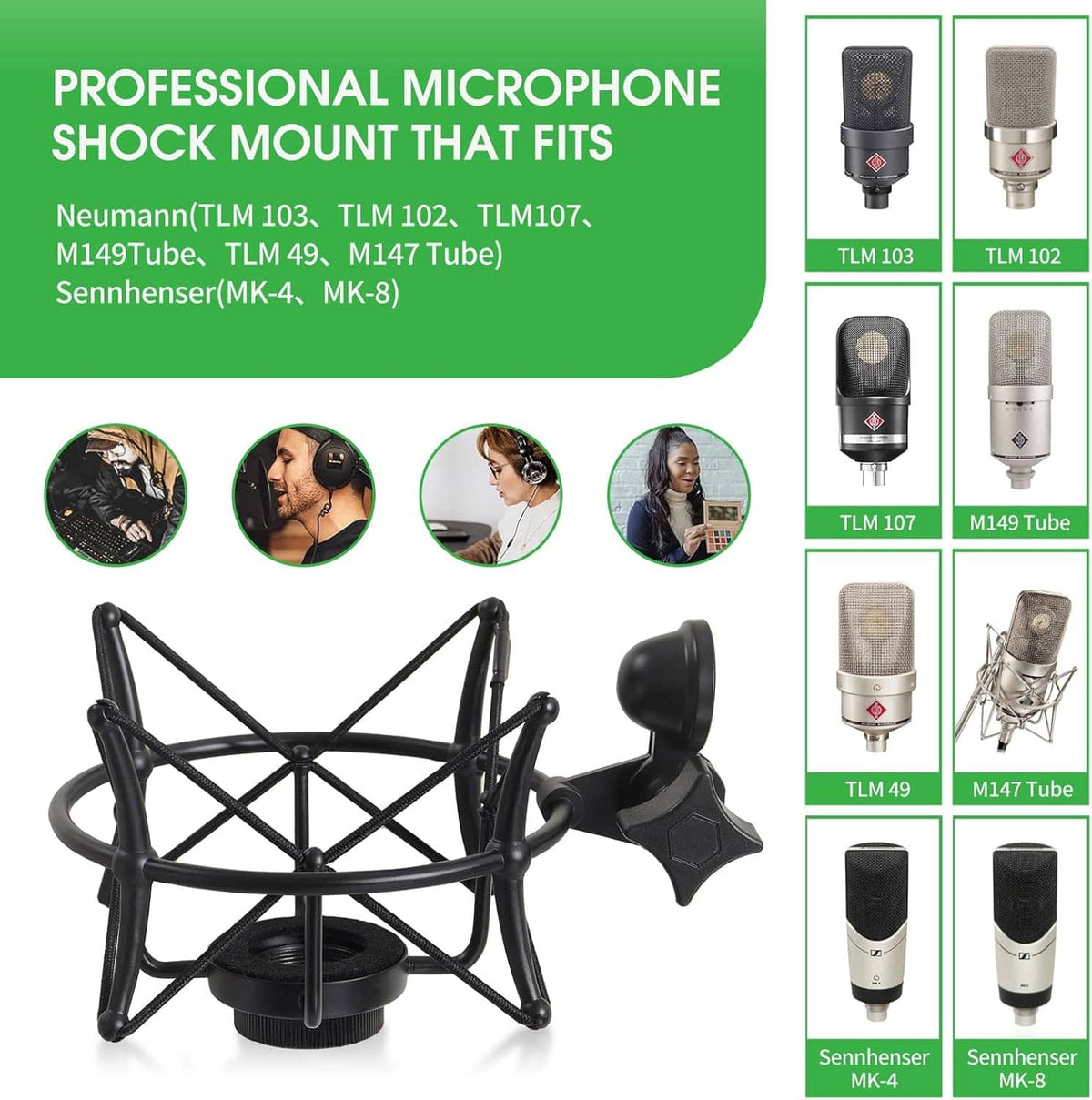 Black microphone shock mount kit with condenser mic mount, adapters, and bands