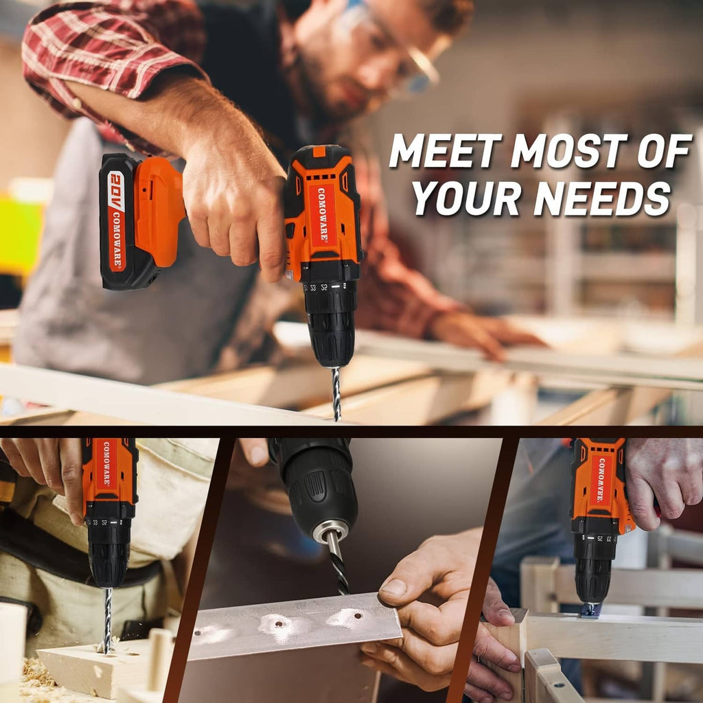 Orange and black cordless drill driver fastening wood pieces