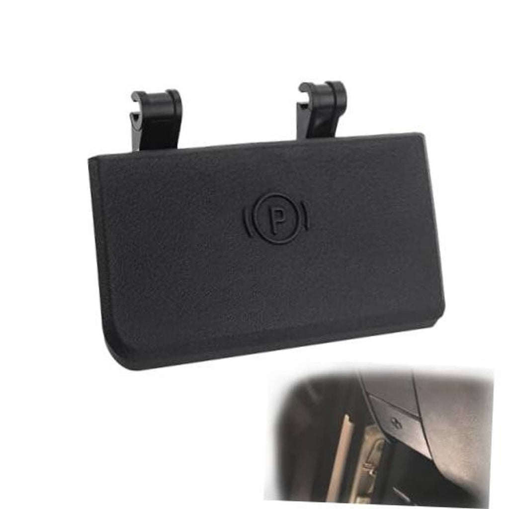 Black parking brake release handle cover with 'P' emblem, curved rectangular shape