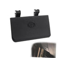Black parking brake release handle cover with 'P' emblem, curved rectangular shape