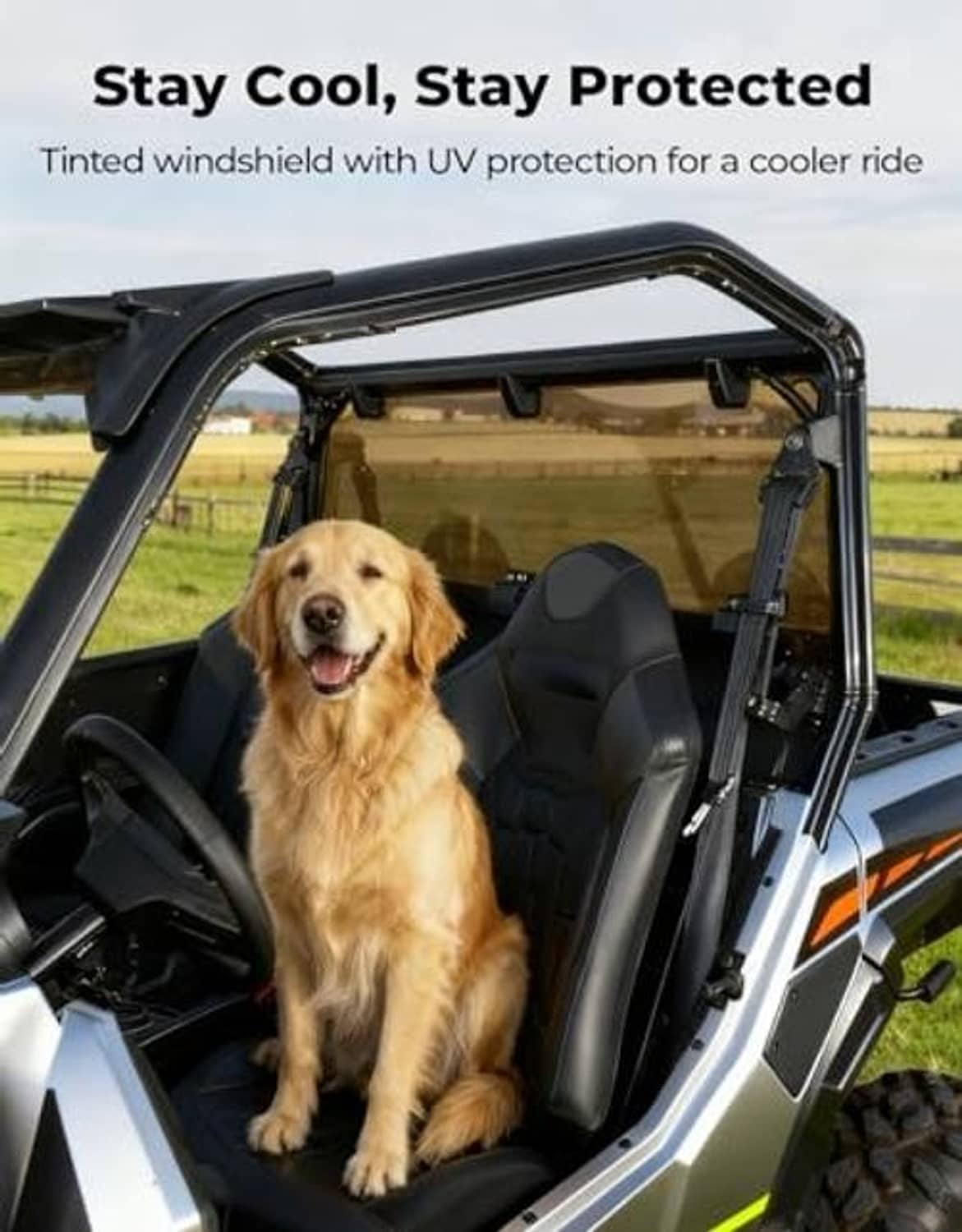 Tinted rear windshield installed on an ATV cab, showing the dark glass