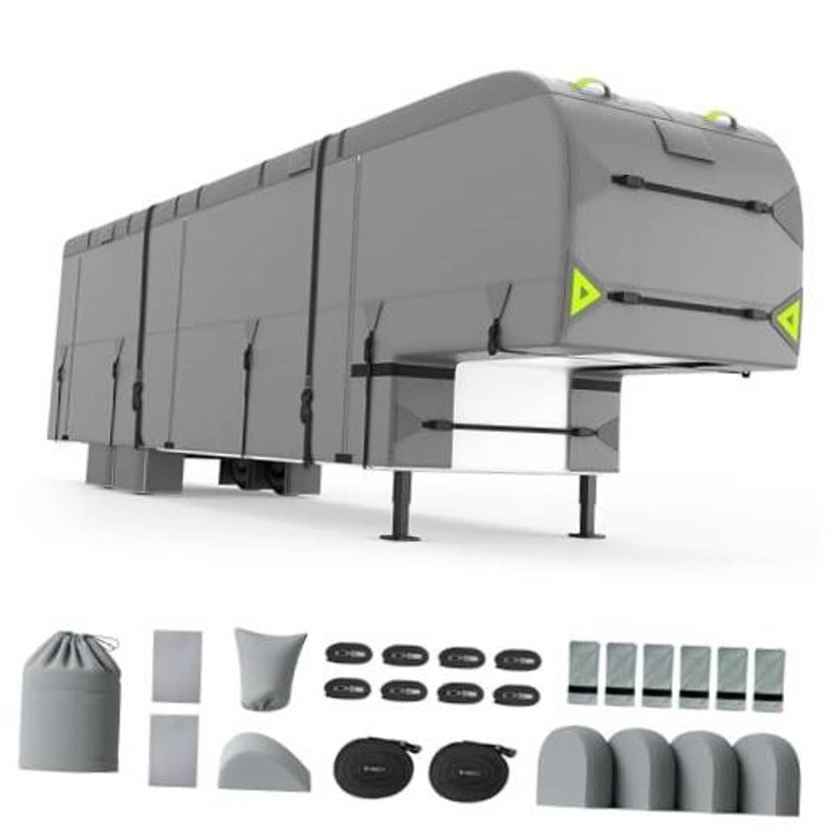 Gray RV travel trailer cover with front panel and support legs for 26–29 ft trailers