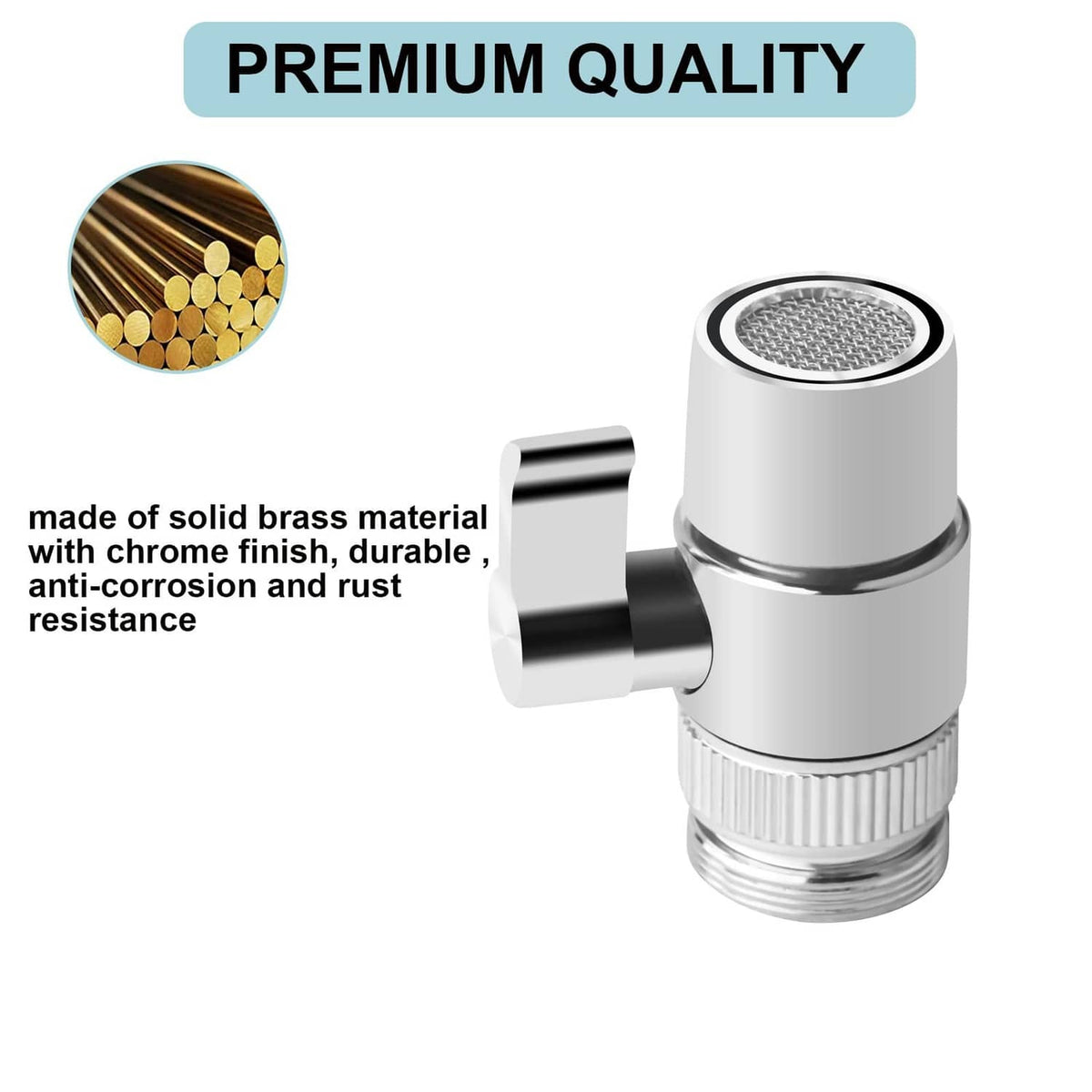 Chrome faucet diverter valve with solid brass build and textured spray screen head