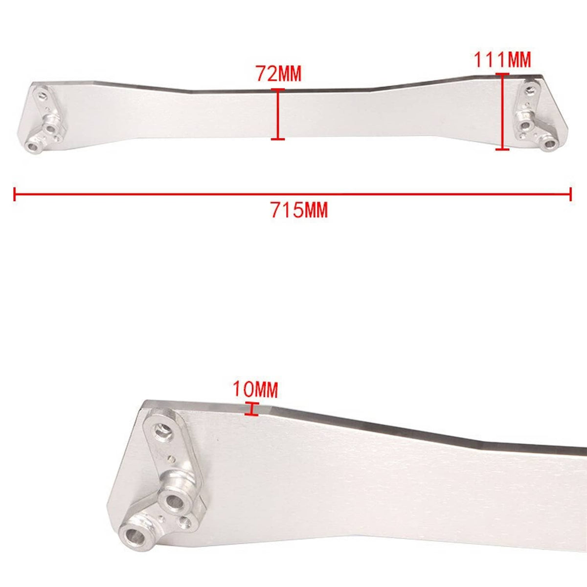Silver rear lower chassis tie brace bar shown with 715 x 111 x 72 mm dimensions