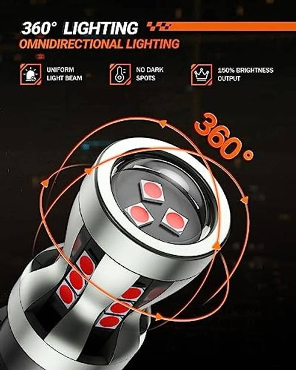 LED brake light bulb with red LED clusters and 360-degree lighting angle illustration