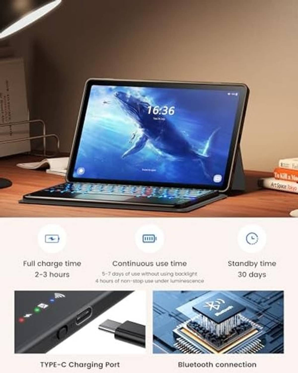 Black keyboard case on desk with colorful backlit keyboard and charging port