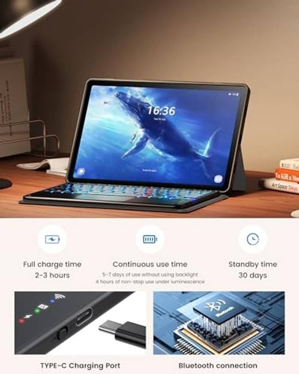 Black keyboard case on desk with colorful backlit keyboard and charging port