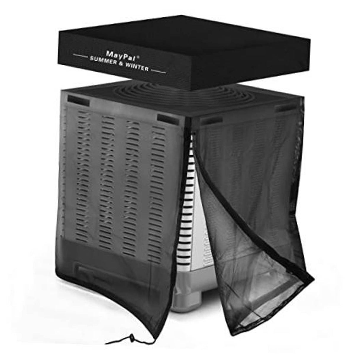 Black mesh air conditioner unit cover with vented sides and drawstring cord