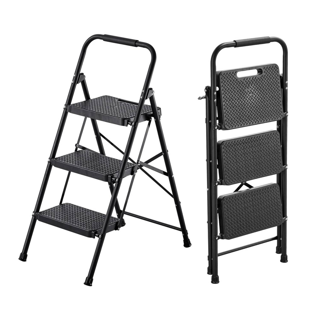 3-step steel folding ladder with wide non-slip steps and top handgrip, black