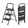 3-step steel folding ladder with wide non-slip steps and top handgrip, black