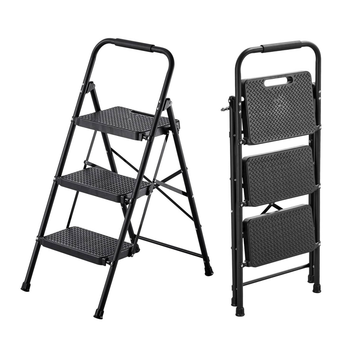 3-step steel folding ladder with wide non-slip steps and top handgrip, black