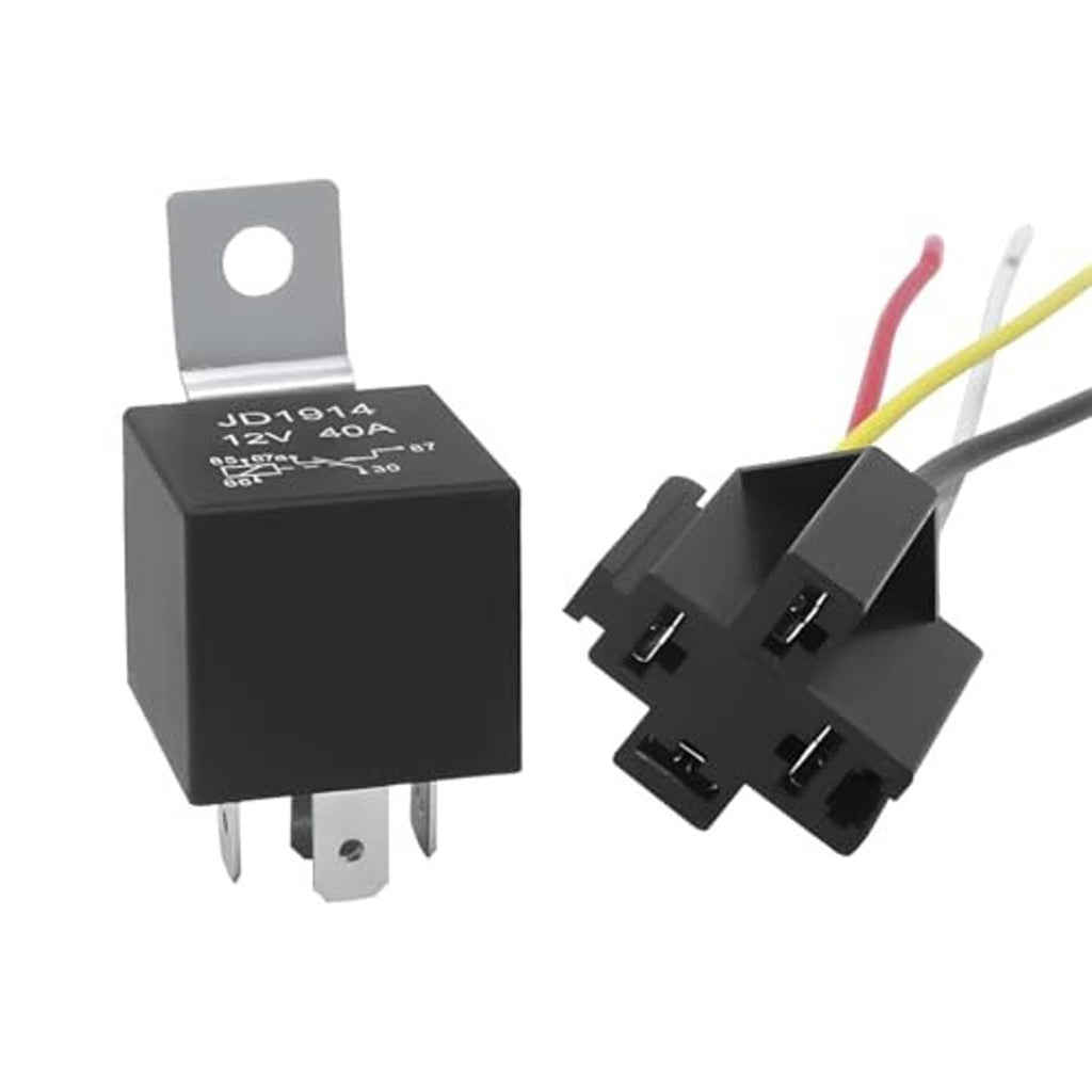 Black JD1914 12V 40A 4-pin relay with mounting pins and multi-connector harness