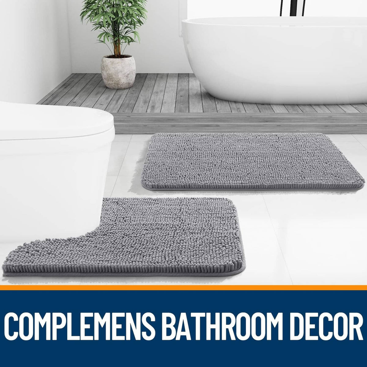 Grey chenille bathroom rug pair beside bathtub