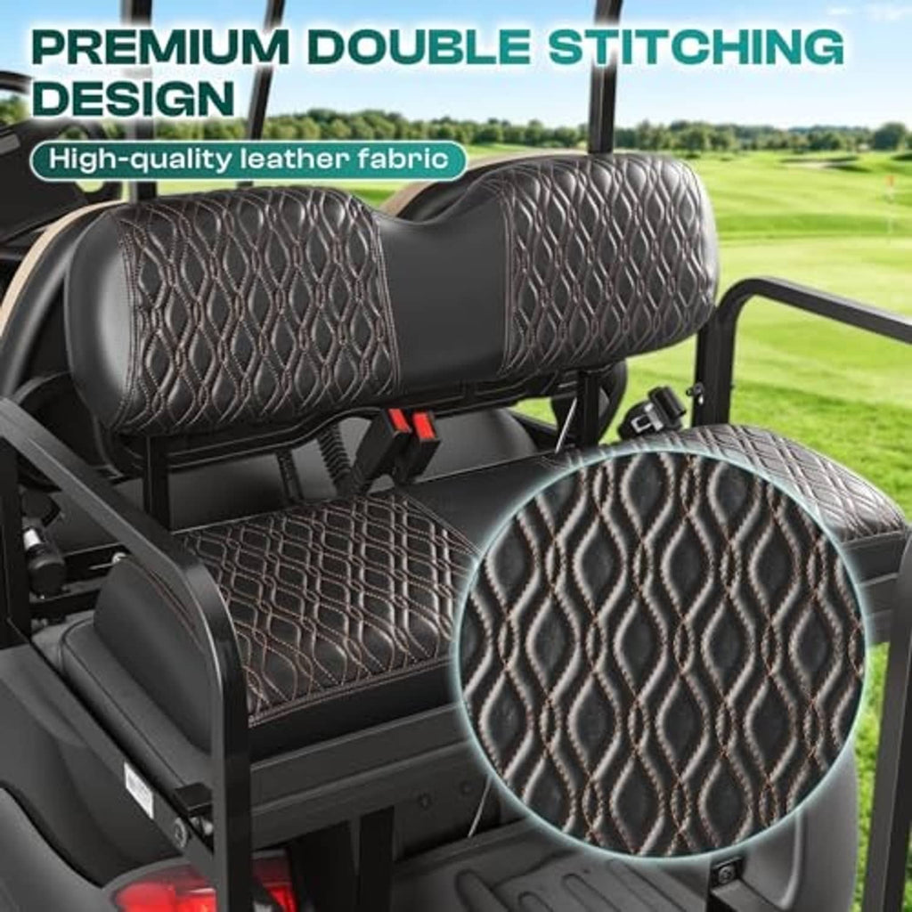 Diamond-pattern leather-look golf cart seat cover with double-stitching detail