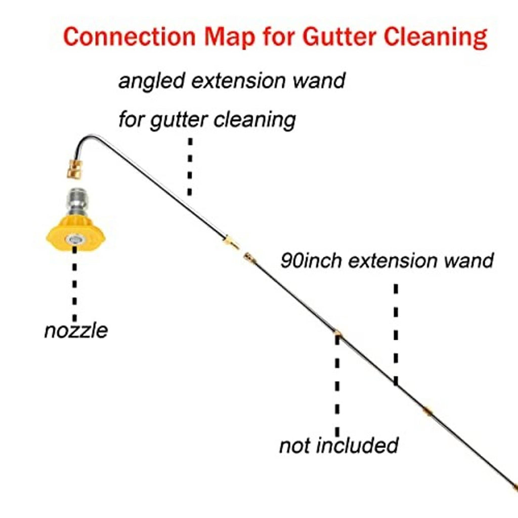 Angled extension wand connection diagram for gutter cleaning with nozzle placement