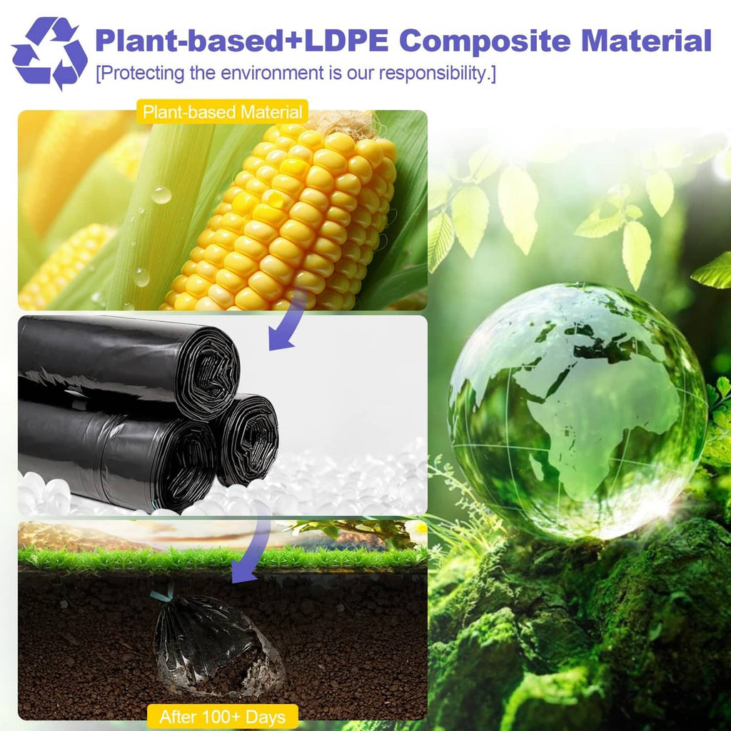 Black portable toilet bag liners with plant-based material and soil-to-globe imagery