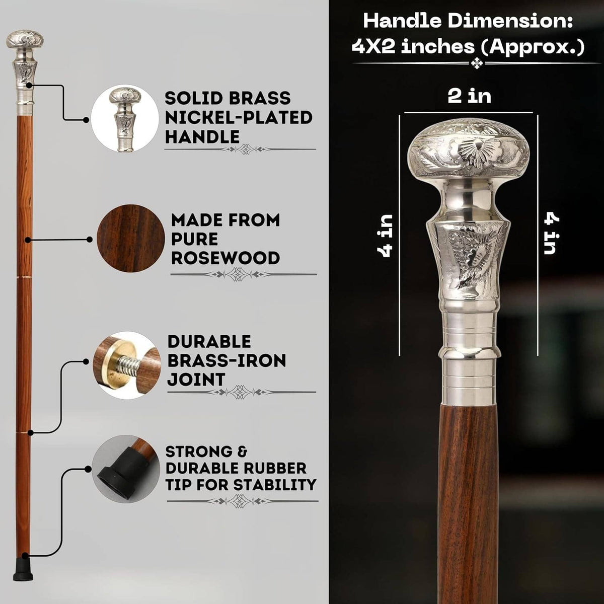 Wood walking stick with silver handle, brass-colored joints, black rubber tip