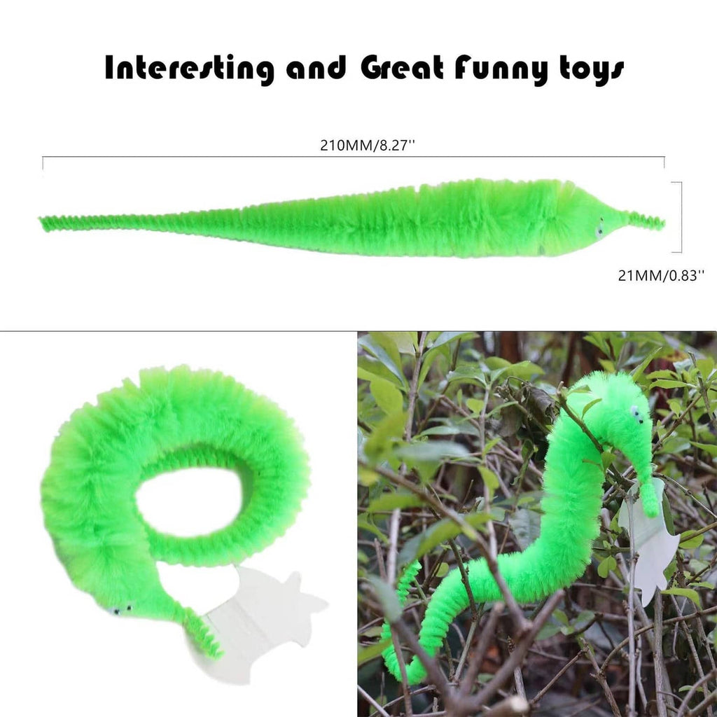 Green fuzzy worm toy with invisible string, plush caterpillar body