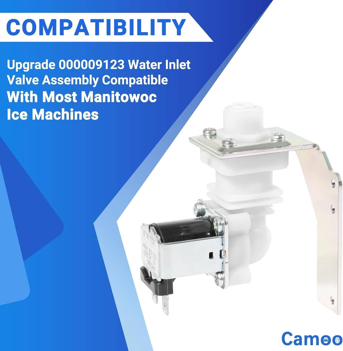 Water inlet valve assembly with white inlet fitting and black solenoid housing