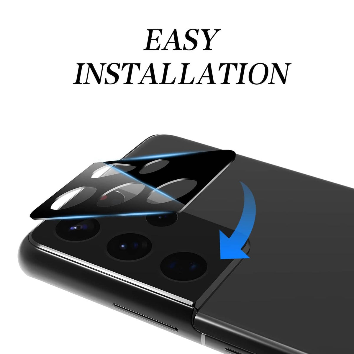 Camera lens protector film on phone back, arrow shows easy installation