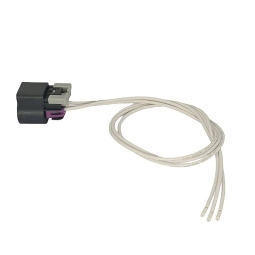 Throttle sensor pigtail plug with gray housing, purple insert, and three light wire leads