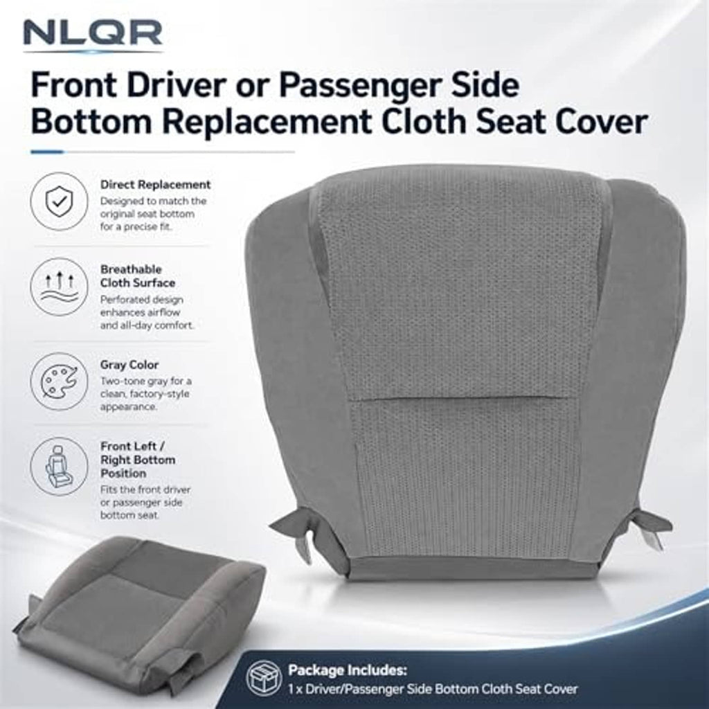 Gray cloth seat cover with bottom flap tabs, textured front panel, replacement piece
