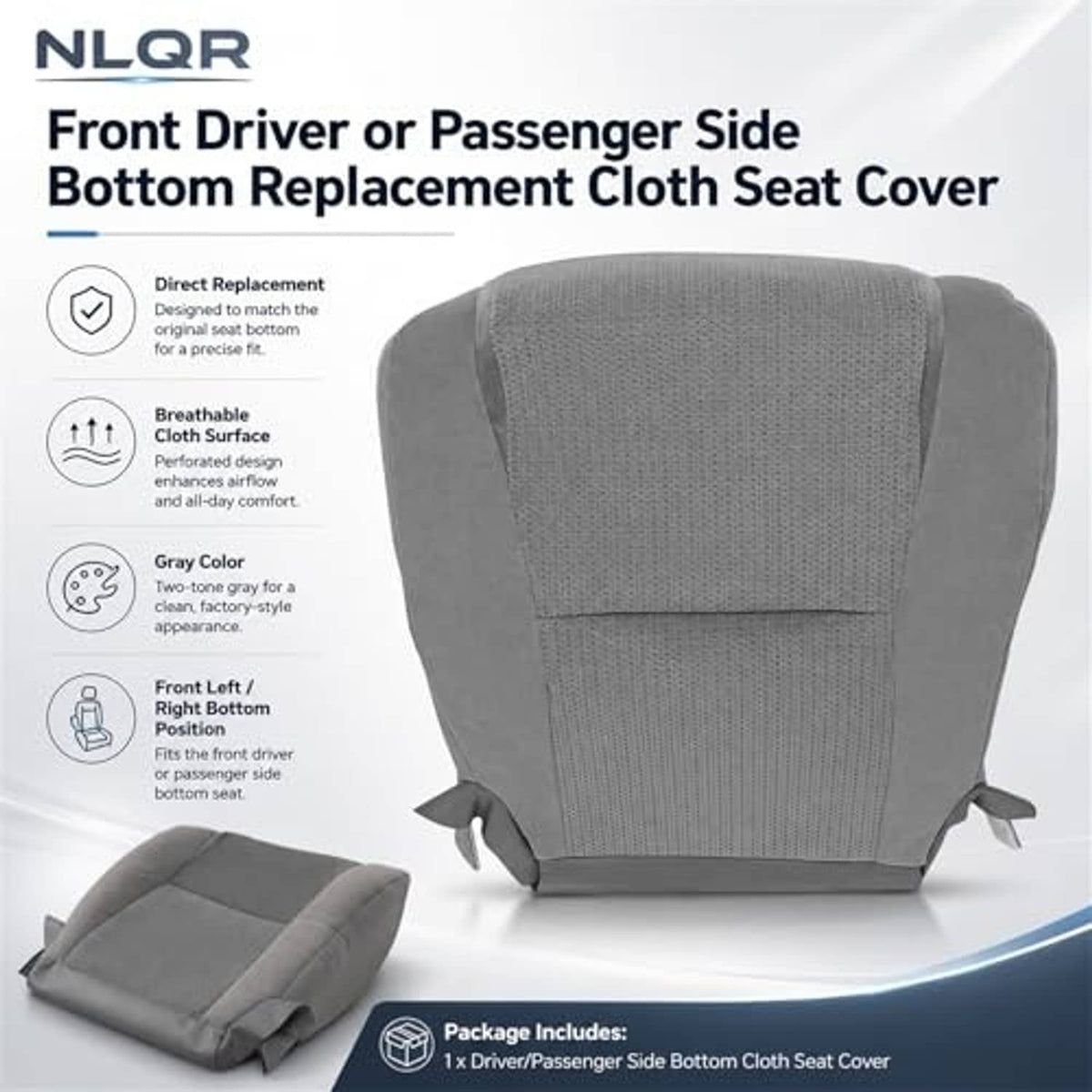 Gray cloth seat cover with bottom flap tabs, textured front panel, replacement piece