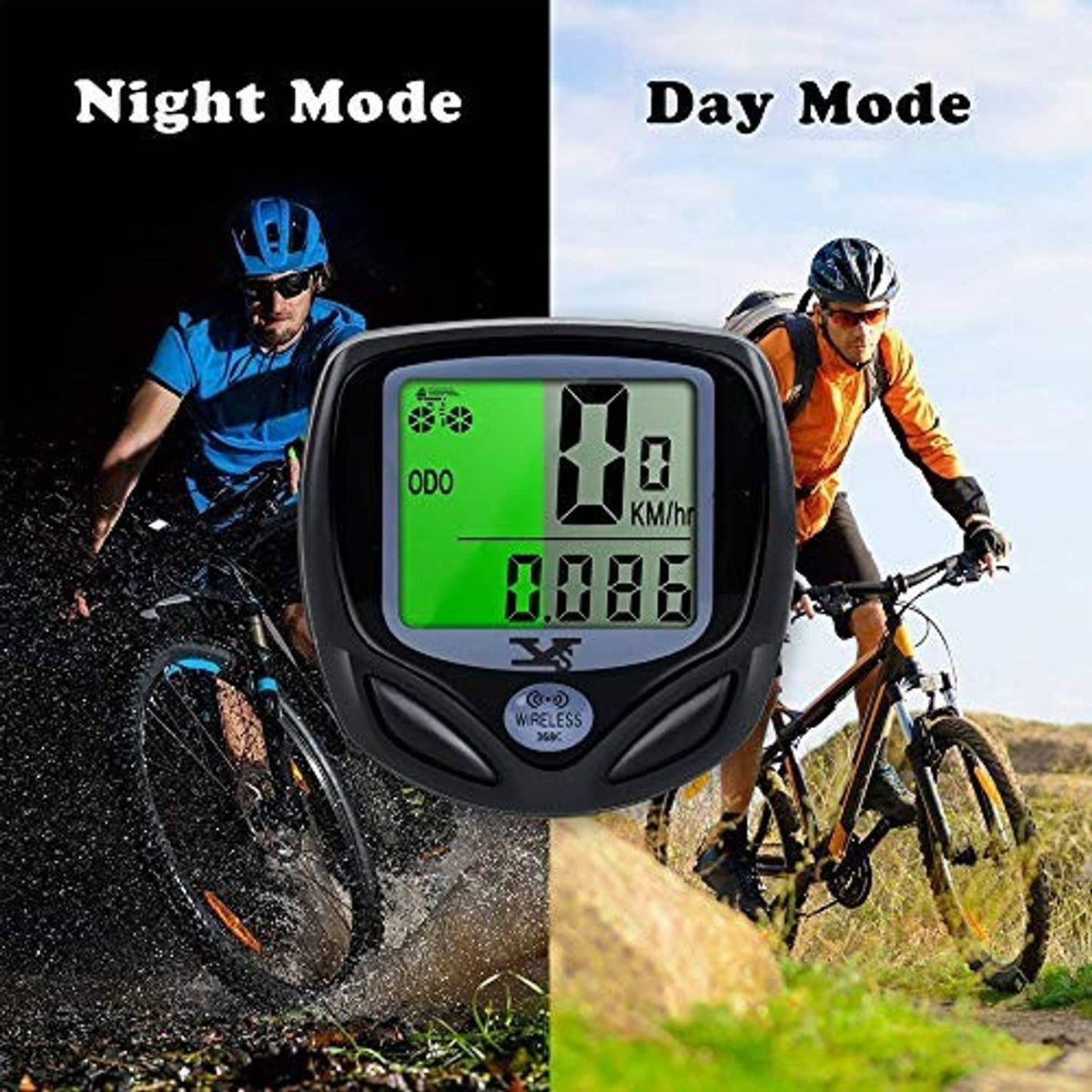 Bike speedometer with day and night modes; green LCD display on handlebars