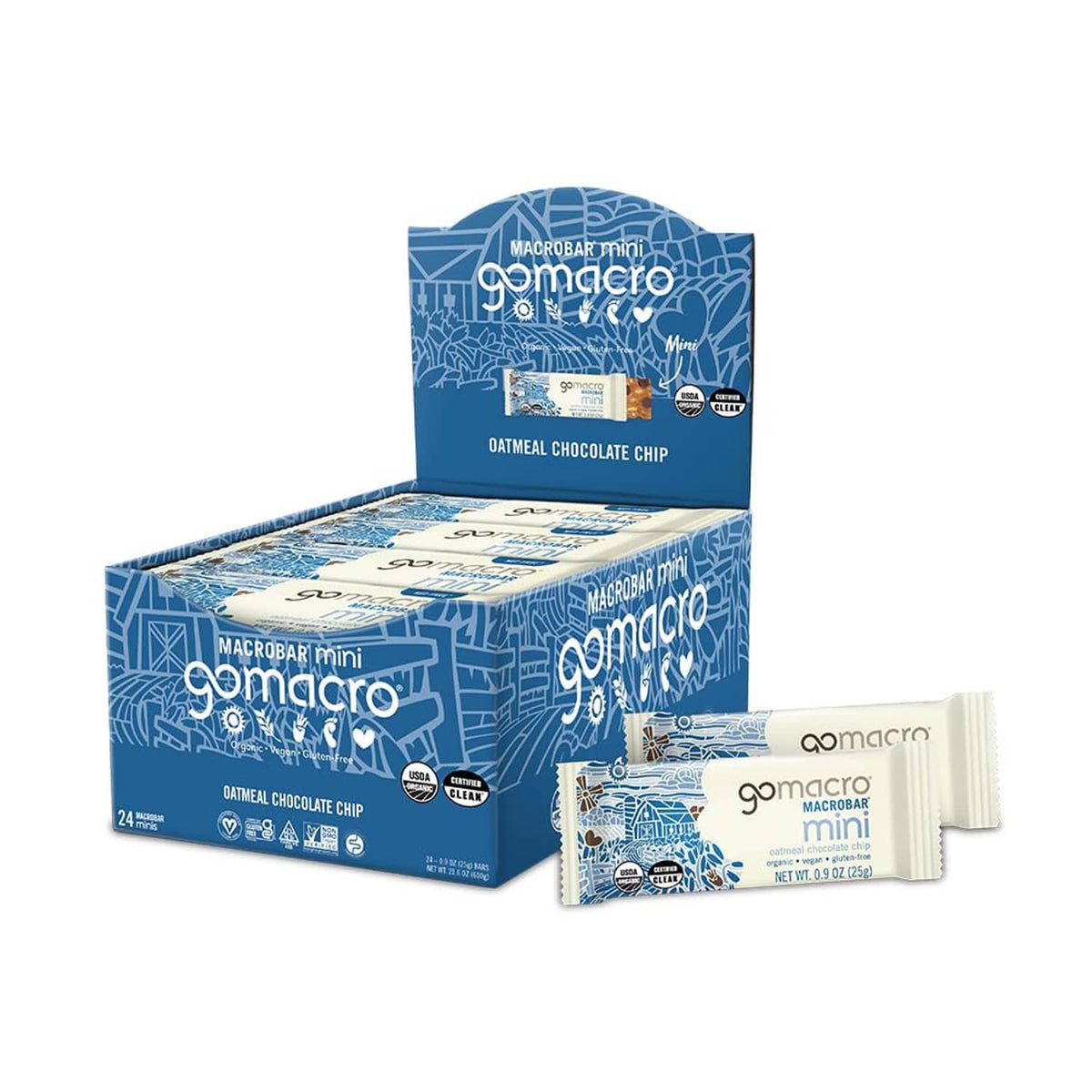 Oatmeal chocolate chip snack bar multipack with blue box and individual wrappers
