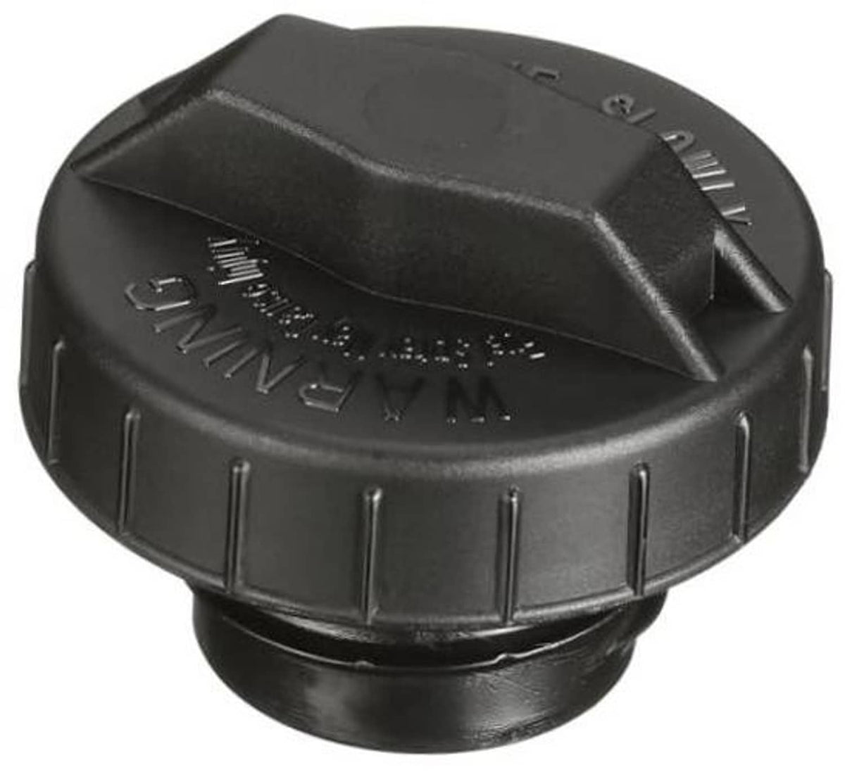 Black fuel tank cap with ridged grip and rectangular latch tab