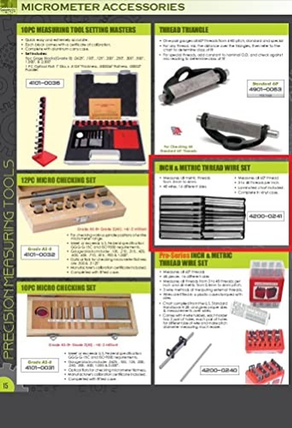 Micrometer accessory guide page showing thread wire measuring set