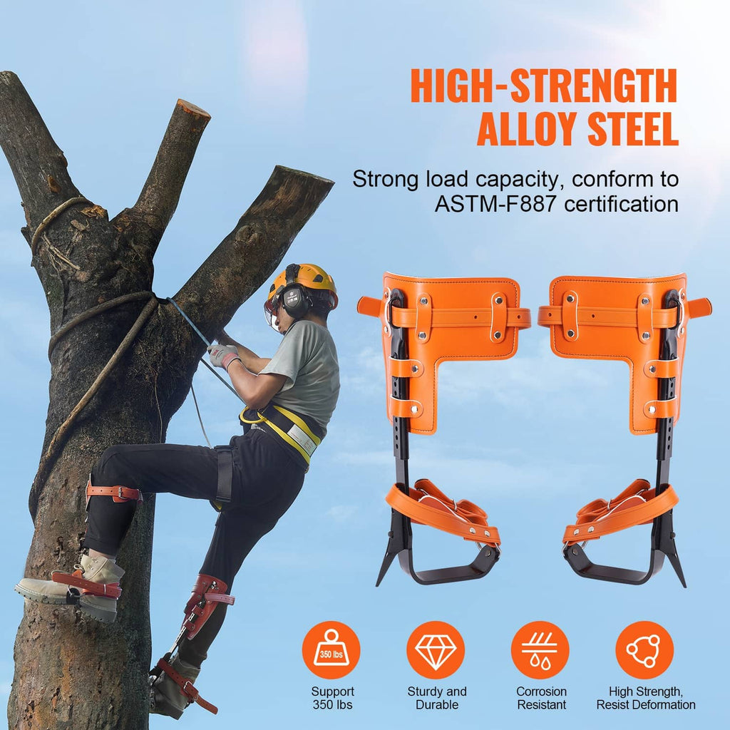 Orange-and-black climbing spurs with metal spikes and padded foot straps