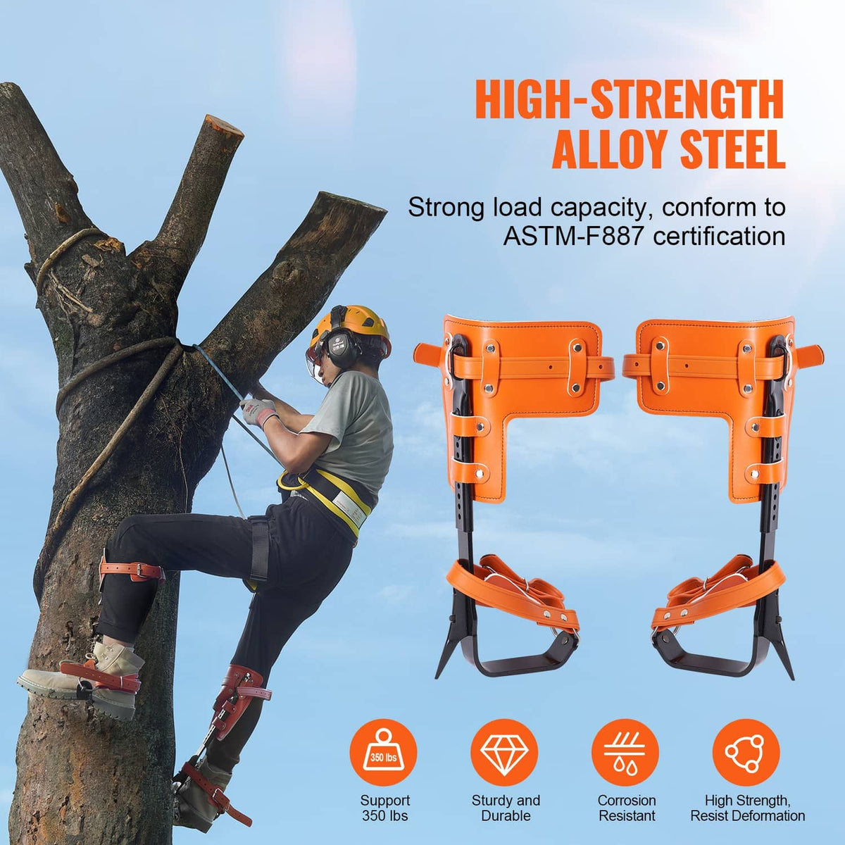 Orange-and-black climbing spurs with metal spikes and padded foot straps