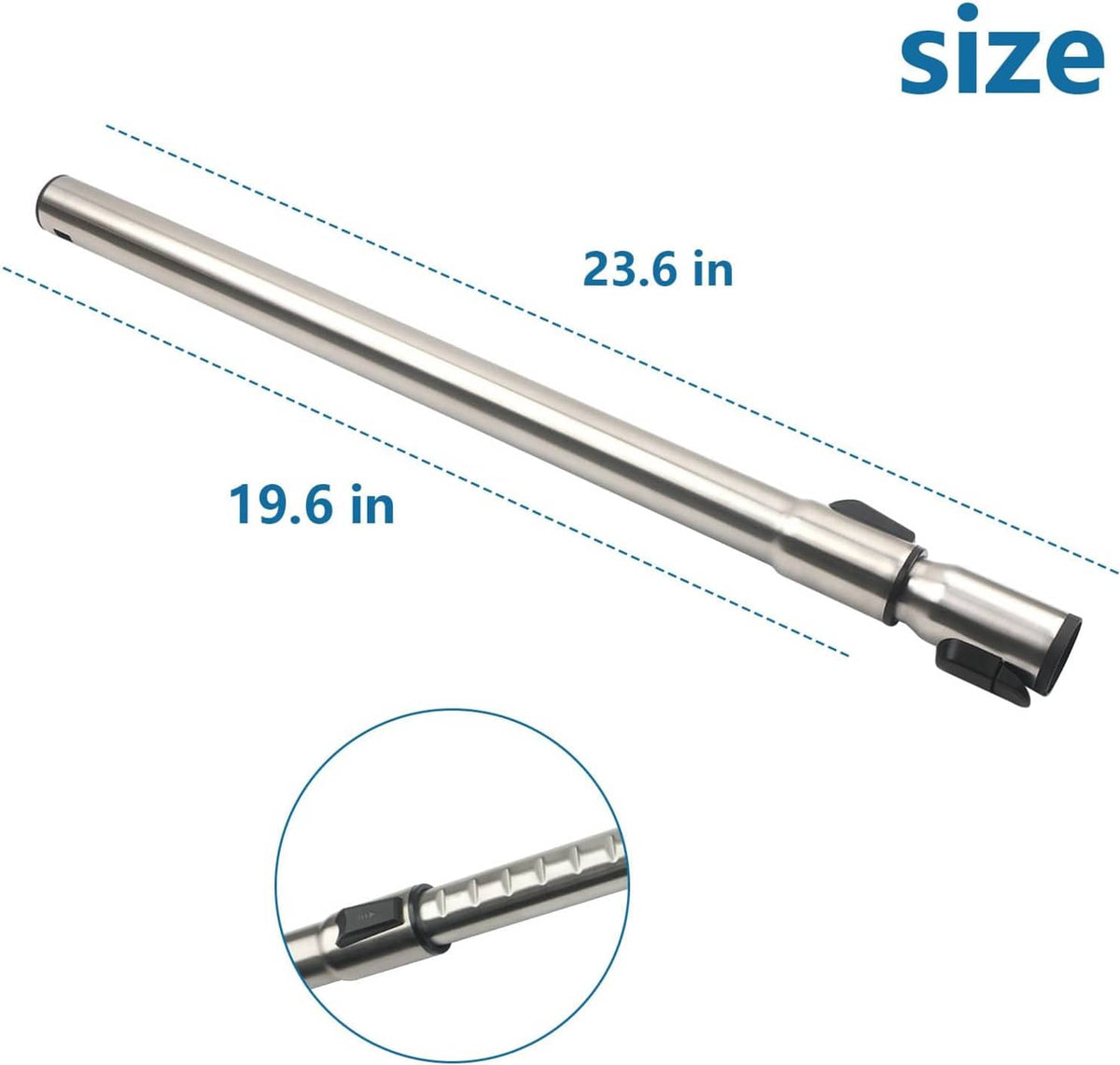 Telescoping stainless steel vacuum wand, 19.6–23.6 in length, black end fittings