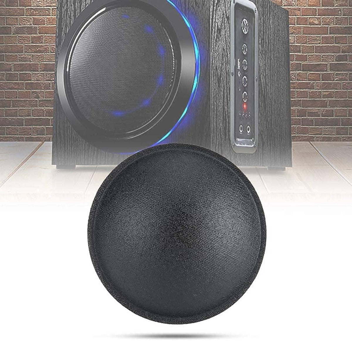 Black speaker dust cap dome, front view of round textured cover