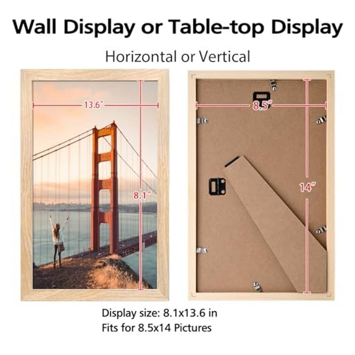 Natural wood picture frame with clear backer, sized for 8.5x14 photos