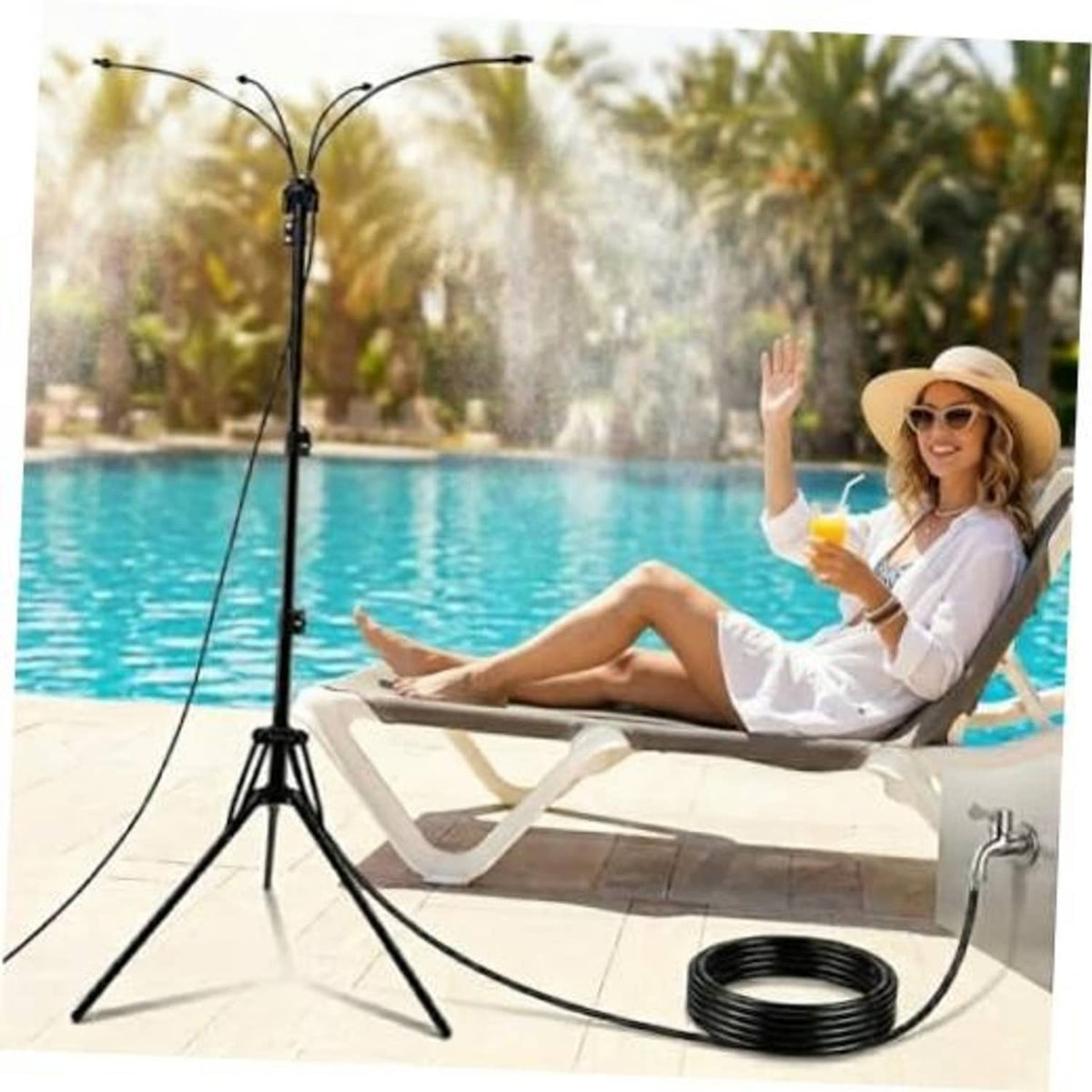 Outdoor patio mist sprayer stand with tripod base, hoses, and adjustable nozzle head