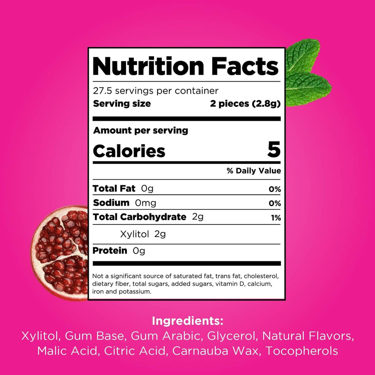 Nutrition facts for PUR pomegranate mint gum: 5 calories per serving