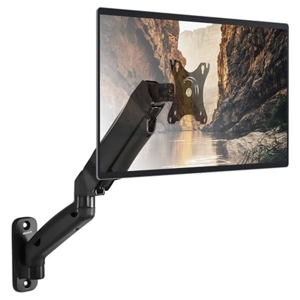 Full-motion black monitor wall mount arm holding a flat screen at an angle