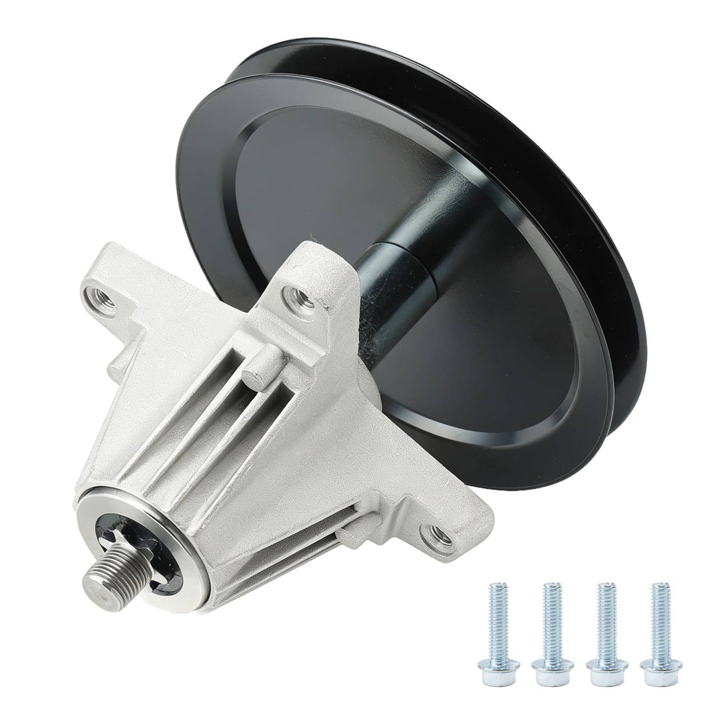 Spindle assembly with black pulley and silver bracket, with several mounting bolts