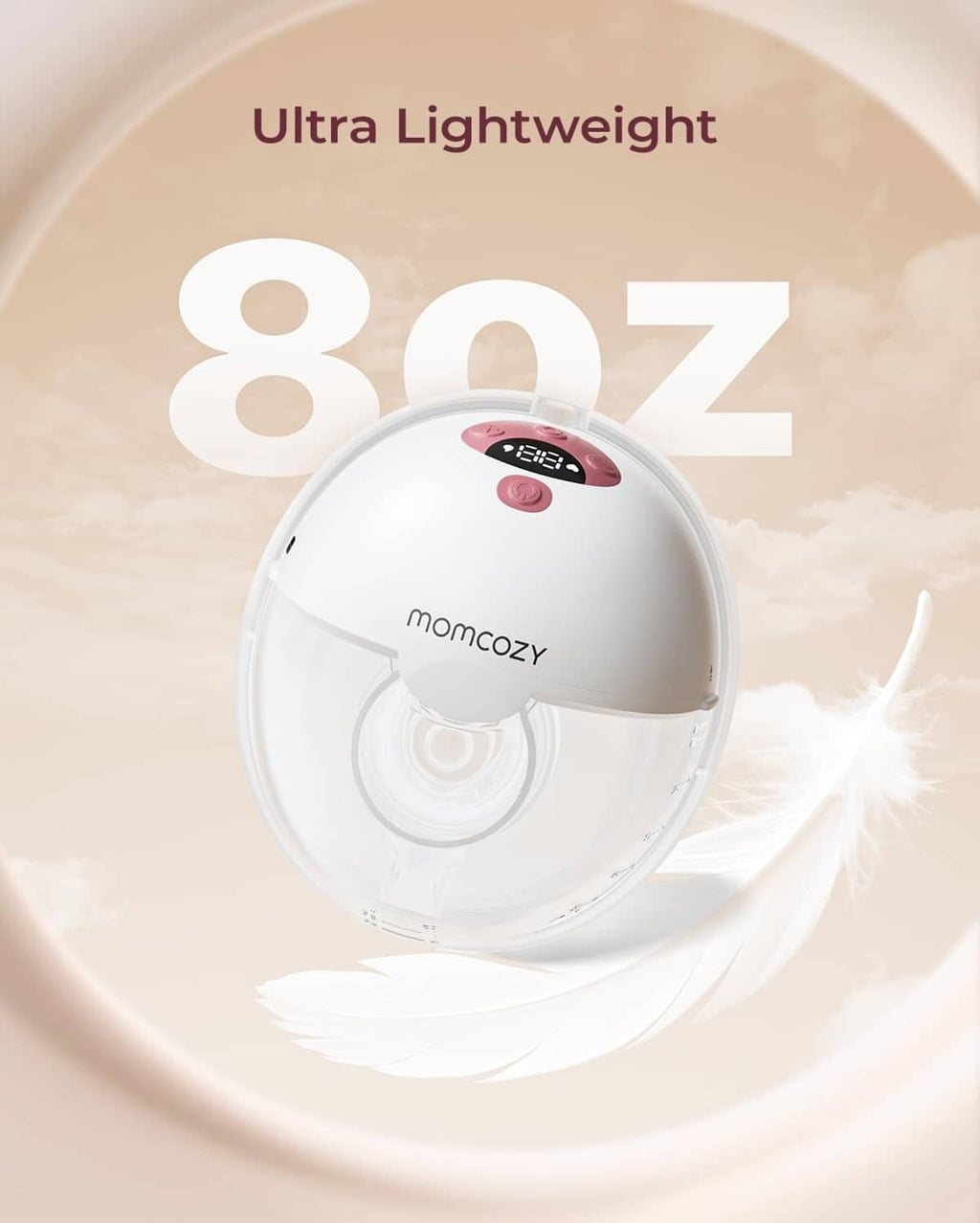 Ultra-light wearable breast pump cup with Cozy Red control panel and 8oz capacity marking