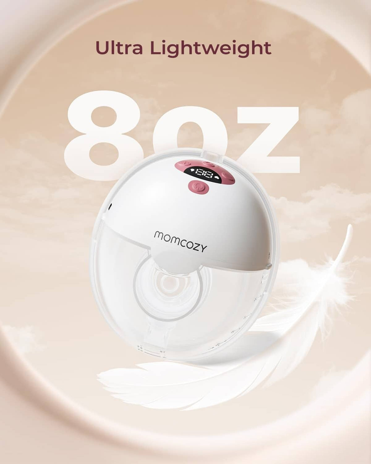 Ultra-light wearable breast pump cup with Cozy Red control panel and 8oz capacity marking