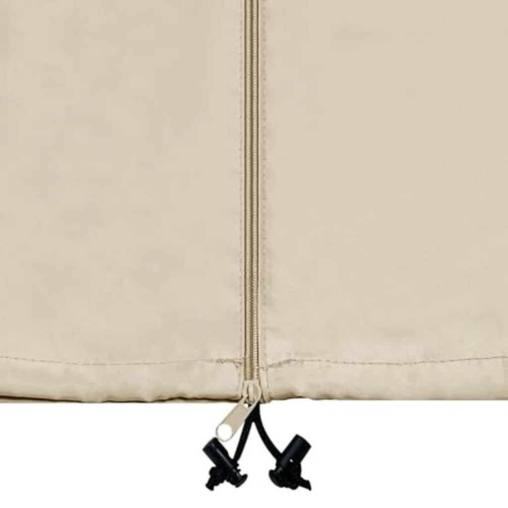 Cream umbrella cover detail with drawstring and adjustable fastener clips