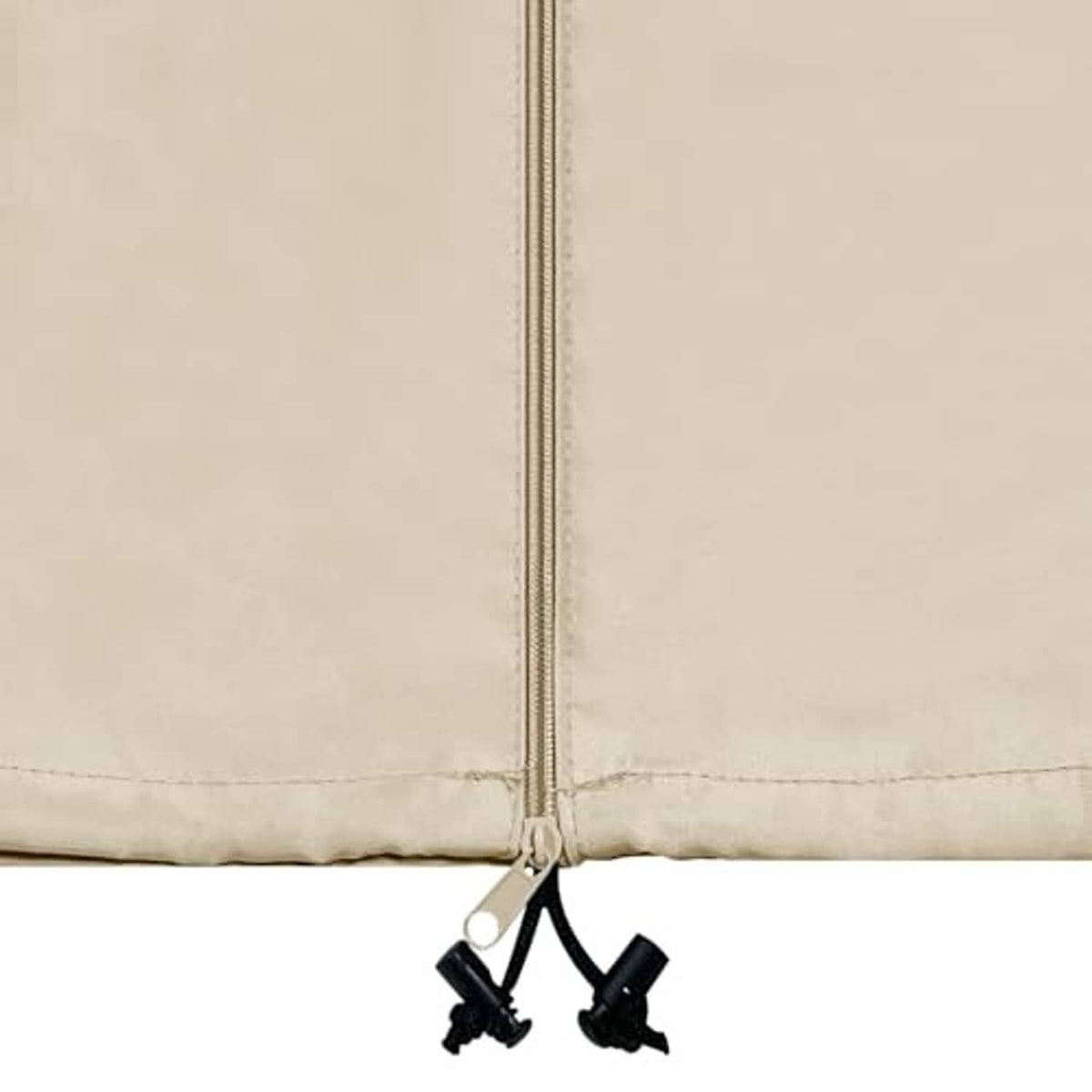 Cream umbrella cover detail with drawstring and adjustable fastener clips