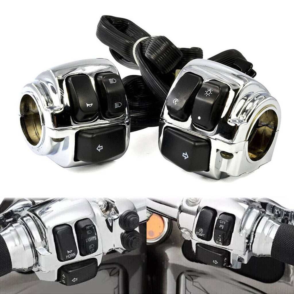 Motorcycle handlebar control switch pair with black buttons and wiring harness cable