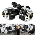 Motorcycle handlebar control switch pair with black buttons and wiring harness cable